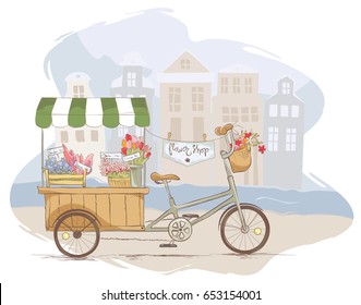 Flower shop on bicycle in the old town. Vector illustration on the theme of traditional.