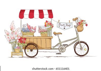 Flower Shop On Bicycle./ Vector Illustration On The Theme Of Traditional Trad.