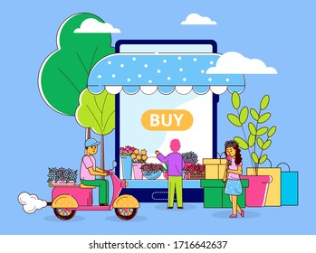 Flower shop online shopping, vector illustration. Characters choose beautiful plants at mobile store. Woman and man buy things at online application, shop delievery by cartoon scooter.