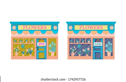 La floristería está abierta y cerrada. Imagen de la fachada exterior del edificio de la tienda.Colección de las fachadas de las tiendas aisladas en un fondo blanco. Ilustración vectorial en estilo plano