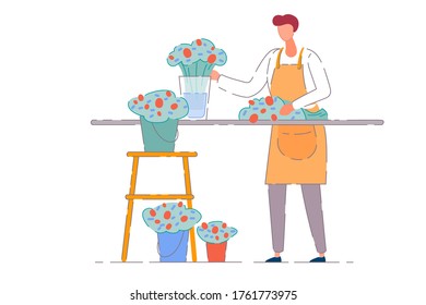 Flower shop owner. Isolated vector florist seller man in apron working and making bouquet at shop counter with flowers in buckets. Store owner person business