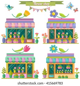 Flower shop. Pastel colors. Shop, bouquet, basket with flowers, bird, envelope. Vector set in flat style.