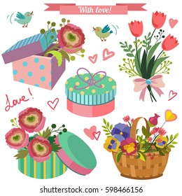 Flower Shop. Pastel Colors. Bouquet, Basket With Flowers, Bird, Gift Box, Hat Box, Tulips. Vector Set In Flat Style. 