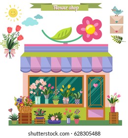 Flower Shop. Pastel Colors. Shop And Flowers. Vector Set In Flat Style.