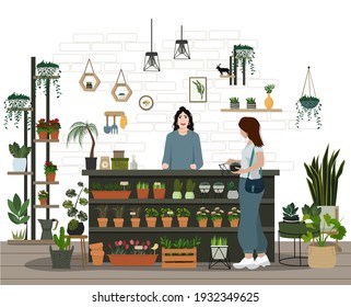 Flower shop, plant and gift boutique, sales consultant and buyer. A large selection of potted plants, cacti, seedlings, hanging planters, bouquets, decor. Vector illustration.