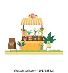 Flower shop with plants and flower for sell. Vector illustration.