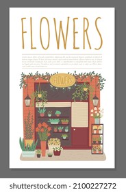 Flower shop promo card or poster template with store building facade. Flower store advertising banner or card layout, cartoon flat vector illustration.