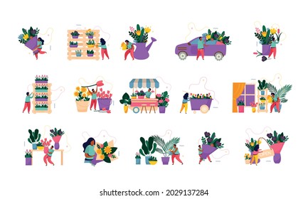Flower shop recolor set with delivery symbols flat isolated vector illustration