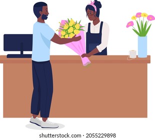 Flower shop semi flat color vector characters. Interacting figures. Full body people on white. Florist service isolated modern cartoon style illustration for graphic design and animation