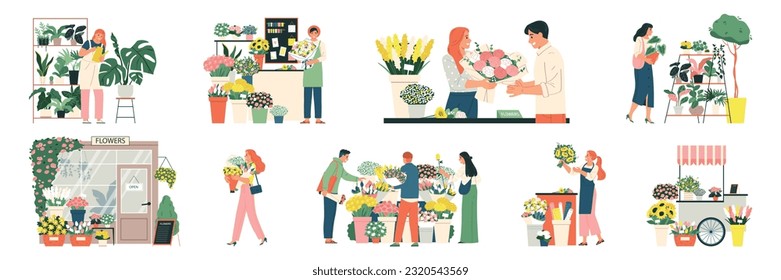 Flower shop set with florist symbols flat isolated vector illustration