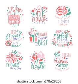 Flower shop set of logo templates colorful hand drawn vector Illustrations