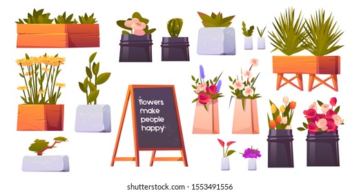 Flower shop set, potted plants and bonsai isolated on white background, floristic store interior items with blossom compositions, bouquets for sale and chalkboard Cartoon vector illustration, clip art