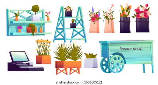 Flower shop set, potted plants on shelves, cashier and decoration isolated on white background, floristic store interior items with blossom compositions for sale. Cartoon vector illustration, clip art