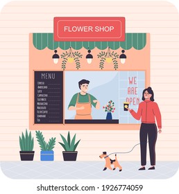 Mostrador de flores y floristas de estilo plano. Mercado floral, planta de hogar en ollas. Una joven florista sonriente vende ramo de chica y café en una taza de papel. Cafetería callejera con plantas en el mostrador
