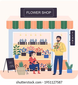 Flower shop showcase and florists. Floral market, houseplant in pots. Gardening store with plants