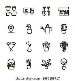 Flower Shop Sign Black Thin Line Icon Set Include of Bouquet, Tulip, Pot, Spray and Truck. Vector illustration of Icons