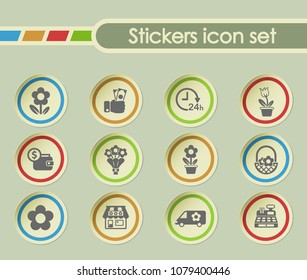 flower shop simple vector icons on round stickers