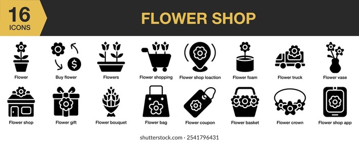 Flower Shop solid icon set. Includes buy flower, bag, bouquet, basket, coupon, crown, and More. Solid icons vector collection.