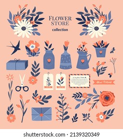 Flower shop spring collection of flower bouquets, mail, boxes, plants, leaves, berries, scissors, labels, vase in pastel shades. Flat vector design with isolated elements. For greeting card, marketing
