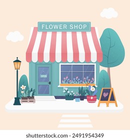 Flower shop, surrounded by flower pots and greenery.
