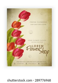 Flower Shop template, banner or flyer design decorated with beautiful flowers.