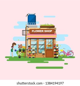 Flower shop in the town city - flat icon