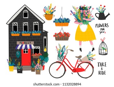 Flower shop and various florist elements. Hand drawn vector set. All elements are isolated