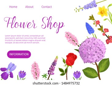 Flower shop vector cartoon web template. Florist shop website with garden flowers illustration on white background and violet lettering.