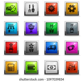 flower shop vector icons in square colored buttons