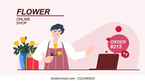 Concepto de ilustración vectorial de la tienda de flores. Florist al lado del ordenador portátil abierto con pedidos. Pequeños negocios locales en línea. Plantilla para banner de sitio web, campaña publicitaria