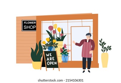 Flower shop vector illustration concept. Florist next to open shop with fresh flowers. Small local business. Template for website banner, advertising campaign