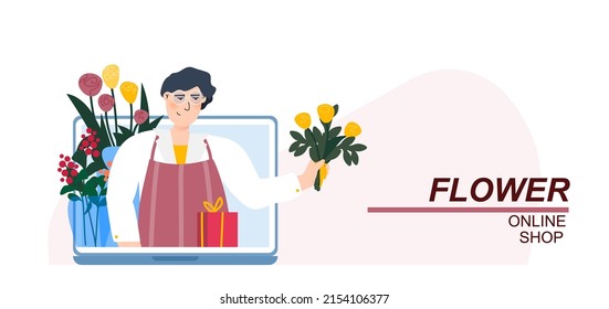 Flower shop vector illustration concept. Florist in open laptop with bouquet in hand. Small local business online. Template for website banner, advertising campaign