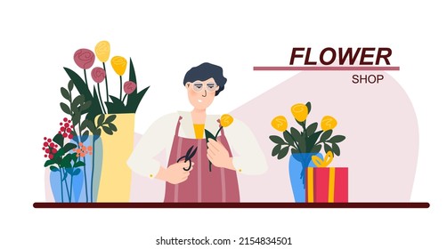 Flower shop vector illustration concept. Florist the store with fresh flowers and gifts. Small local business online. Template for website banner, advertising campaign