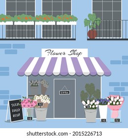 Flower Shop Vector Illustration. Florist Shop Exterior. Blue Building.