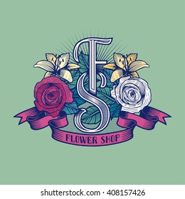 Flower shop vector logo, emblem, sign, icon. Grunge style perfectly detailed illustration of flower composition