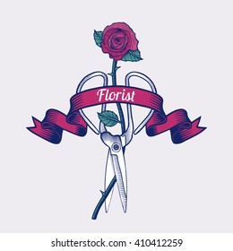 Flower shop vector logo, sign, emblem. Grunge style illustration of scissors cutting rose flower
