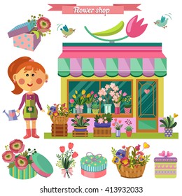 Flower shop. Vector set in flat style. Shop, bouquet, woman with watering can, hat box flowers, birds