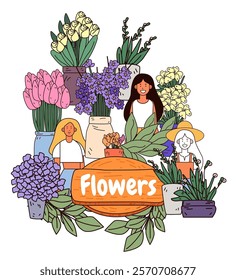 Flower shop vibrant floral arrangement with smiling people surrounded by colorful blooms and lush greenery in pots. Ideal for website design