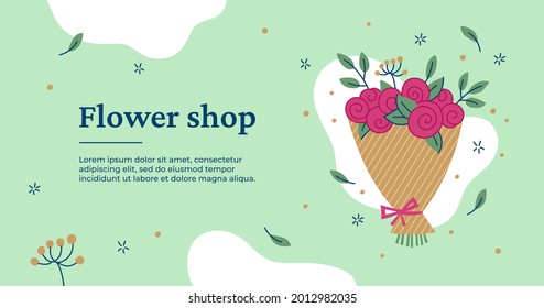 Flower shop web banner. Vector hand-drawn bouquet of pink flowers. Beautiful vector illustration for floristry and floral decorations.