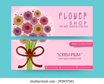 Flower shop website header or banner set with beautiful bouquet design.