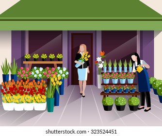 Flower shop window display and customer with bunch of tulips at the entrance banner abstract vector illustration