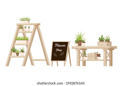 Flower Shop Wooden Furniture, Store Equipment With Shelving Ladder, Desk And Advertising Board Isolated On White Background In Cartoon Style. Retail Decoration Element, Flowerpot, Fresh, Green Plants