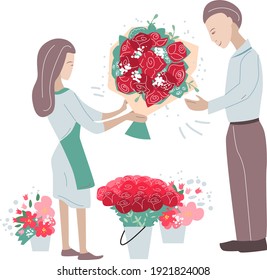 Flower shop worker helps man  choosing floral present - a big bunch of roses. Two persons isolated on white background. Illustration can be used for flower and garden shops.