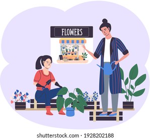 Flower shop workers florists in flat style. Floral market, houseplant in pots. Young smiling flower girl watering plants. Gardening shop with plants on counter. Female gardener transplants bush