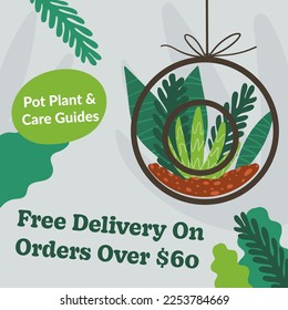 Blumenläden mit kostenloser Lieferung auf Bestellung über 60. Pot-Pflanzen- und Pflegeführer für neue Besitzer. Flora und Botanik Dekoration für zu Hause. Werbebanner oder Werbung, Vektorgrafik im Flachstil