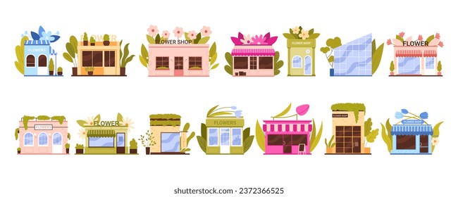 Flower shops set vector illustration. Cartoon isolated store exteriors collection, front street view of modern and old romantic buildings with windows and doors on facade, Flowers sign above entrance