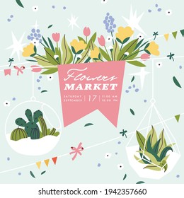 Flower show announcing poster template. Text customized for invitation to event. Garden party layout with fancy flowers in folk painting style. Vector illustration.