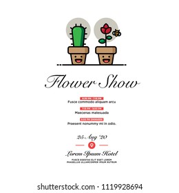 Flower Show Invitation Design with Smiling Plant Illustration