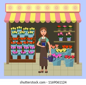 Flower Showcases and florists in a flat style. Flower shop, tulips, daisies and other flowers.