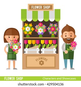 Flower Showcases and florists in a flat style. Flower shop, tulips, daisies and other flowers.